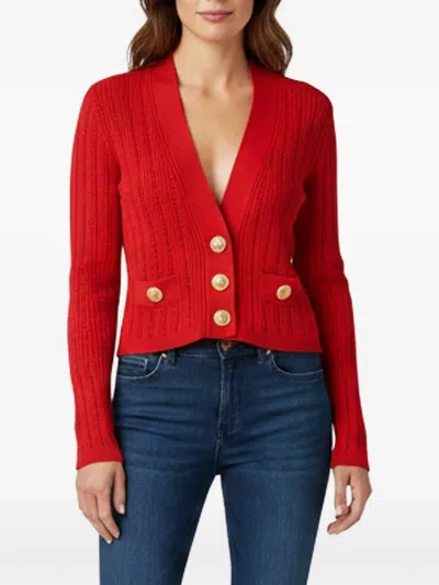 Pre-owned Balmain Pointelle Rib-knit Cardigan In Red