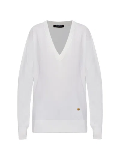 Balmain Diamond-sleeve V-neck Knitted Sweater In White