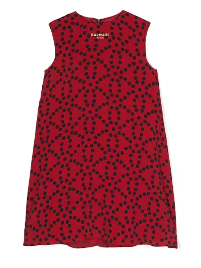 Balmain Kids' Polka Dot Crepe Dress In Red
