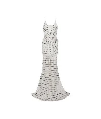 Balmain Plunging Rose Polka-dot Sleeveless Gown In Black And White