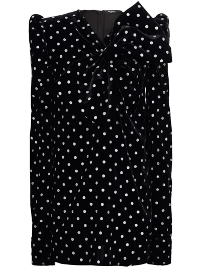 Balmain Polka-dot Long-sleeve Dress In Black
