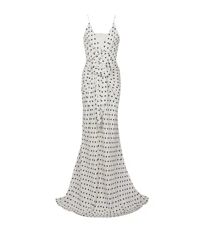 Balmain Plunging Rose Polka-dot Sleeveless Gown In Black And White
