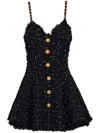 Balmain Chain-straps Polka Dot Tweed Mini Dress In Black