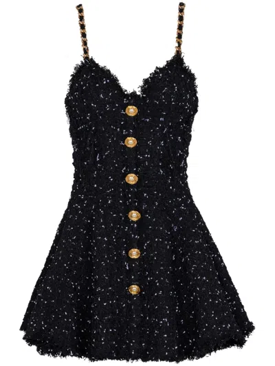 Balmain Short Polka Dot Dress With Chain Straps In Black