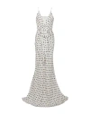 Balmain Plunging Rose Polka-dot Sleeveless Gown In White