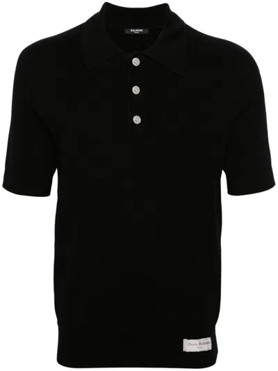 Balmain Polo In Lana Merinos A Maniche Corte Con Etichetta Con Logo In Nero
