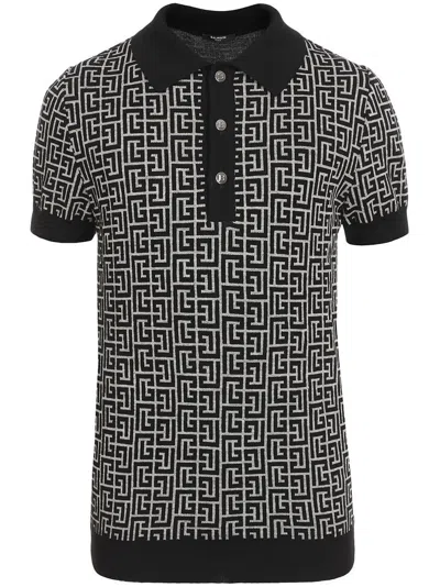 Balmain Monogram-jacquard Merino-blend Polo Shirt In Beige
