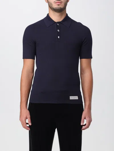 Balmain Polo Shirt In Merino Wool In Blue