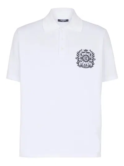 Balmain Cotton Crest Print Polo Shirt In White