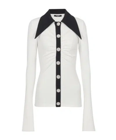 Balmain Rhinestone-button Long-sleeve Shirt In White