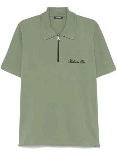 Balmain Polo With Zip Collar And Logo On The Chest In Green