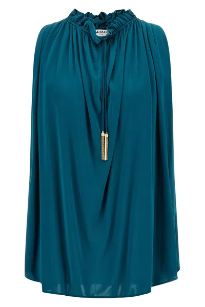 Balmain Viscose Pompon Catene Blouse In Blue