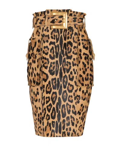 BALMAIN PONYSKIN-STYLE LEATHER MIDI SKIRT WITH LEOPARD PATTERN