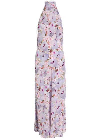 Balmain Poppy Floral-print Silk Midi Dress In Purple