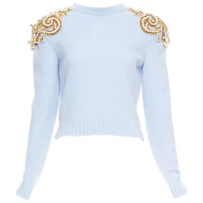 Pre-owned Balmain Powder Blue Wool Cashmere Gold Pearl Embellished Sweater Fr36 S