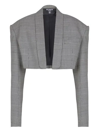 Balmain Prince Of Wales-check Cropped Jacket In Gray