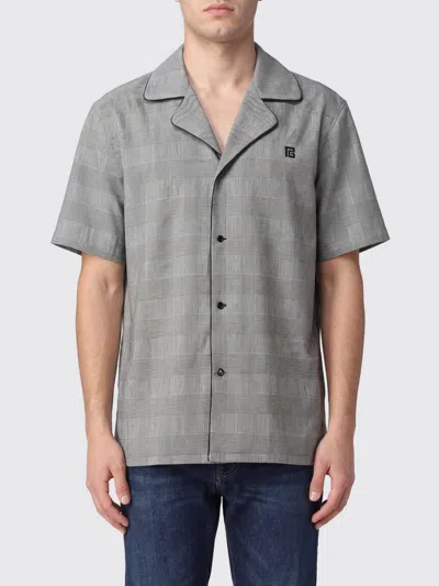 Balmain Prince Of Wales Virgin Wool Bowling Shirt With Cuban Collar In Gray