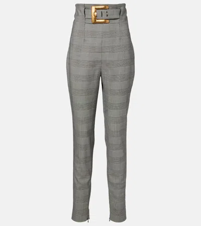 Balmain Prince Of Wales Wool-blend Slim Pants In Gray