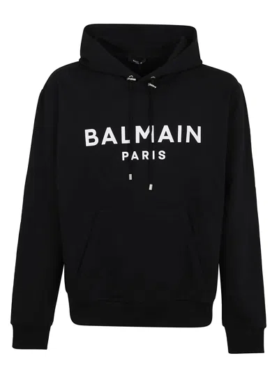 Balmain Logo Printed Drawstring Hoodie In Black