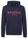 Balmain Logo-print Stretch Cotton-blend Jersey Hoodie In Blue