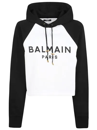 Balmain Print Raglan Cropped Hoodie In Gab Blanc Noir