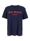 Balmain Blue Crewneck T-shirt With Logo Lettering Print On The Front In Blue