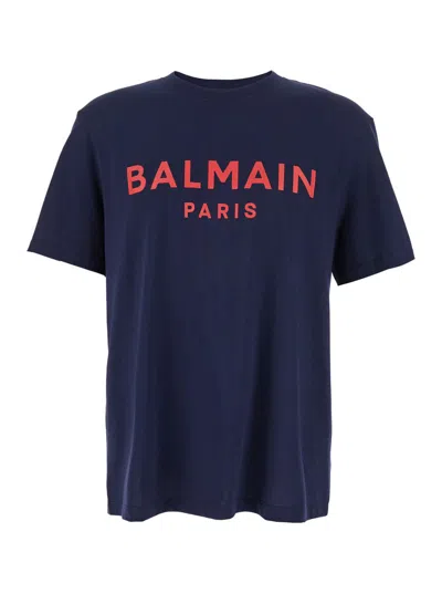 BALMAIN BLUE CREWNECK T-SHIRT WITH LOGO LETTERING PRINT ON THE FRONT IN COTTON MAN