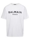 BALMAIN WHITE CREWNECK T-SHIRT WITH CONTRASTING LOGO LETTERING PRINT IN COTTON MAN