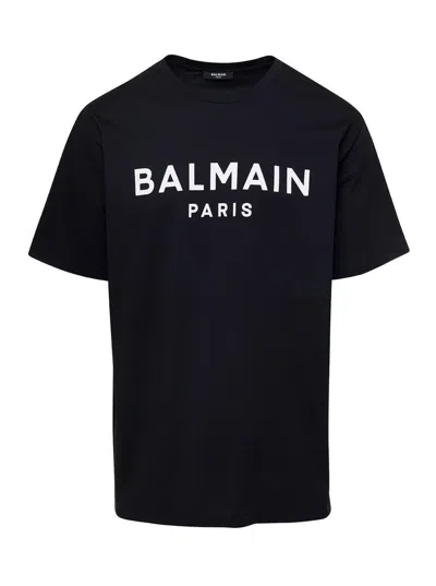 BALMAIN BLACK CREW NECK T-SHIRT WITH LOGO PRINT ON THE CHEST