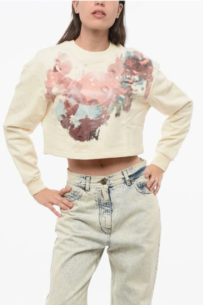 Balmain Printed Brushed Cotton Cropped Sweatshirt In Orange