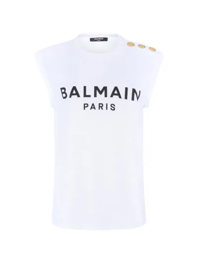 Balmain Printed Button-embellished Tank Top In White