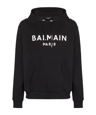 Balmain Logo Printed Drawstring Hoodie In Black
