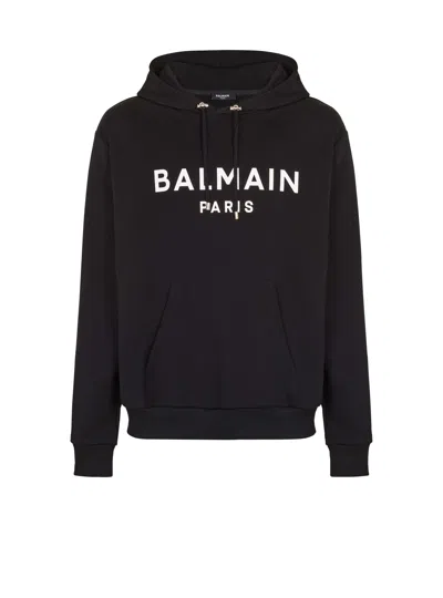 Balmain Logo Printed Drawstring Hoodie In Black