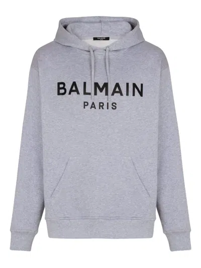 Balmain Printed Cotton Hoodie In Gray