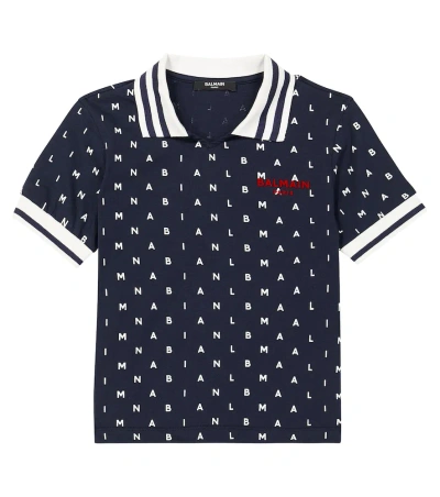 Balmain Kids' Printed Cotton Polo Shirt In Blue