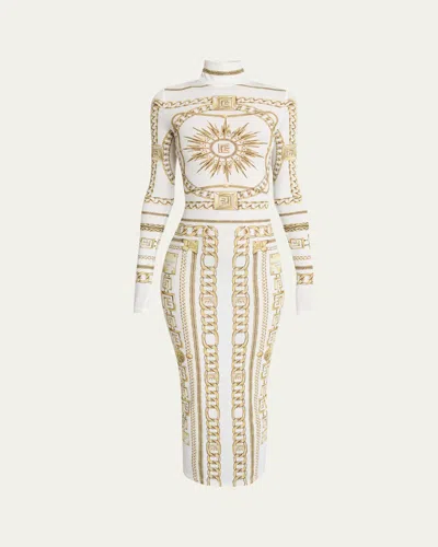 Balmain Printed Foulard Body-con Dress In Gold