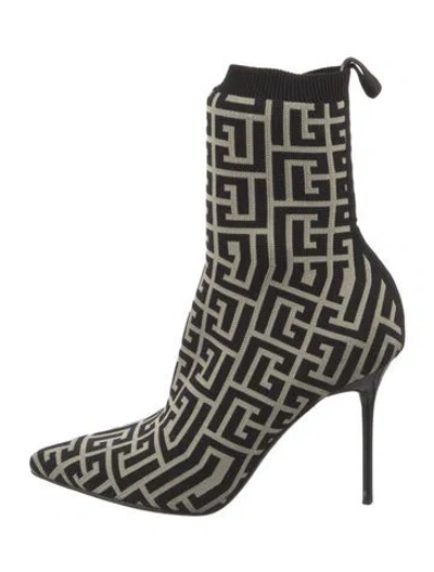 Pre-owned Balmain Printed Grosgrain Trim Sock Boots In Black