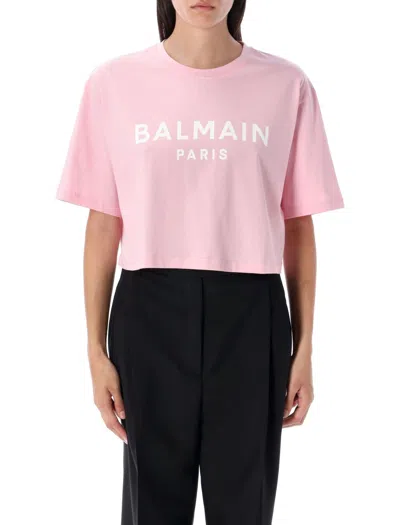 Balmain Printed Logo Cropped T-shirt In Pink