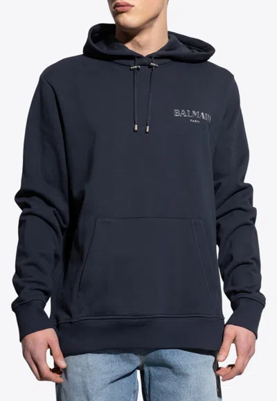 Balmain Printed Logo Hooded Sweatshirt In Blue