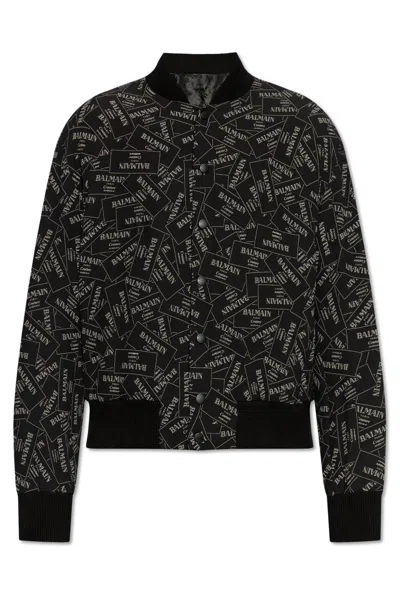 Balmain Printed Logo Label Bomber Jacket In Black