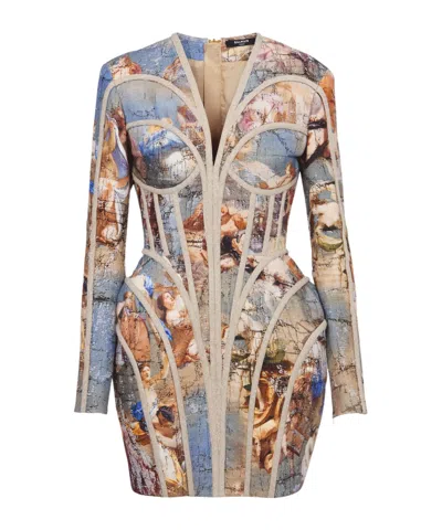 Balmain Printed Long-sleeved Dress In Bleu_multico