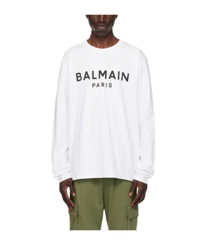 Balmain White Printed Logo Long Sleeve T-shirt In Gab Blanc/noir