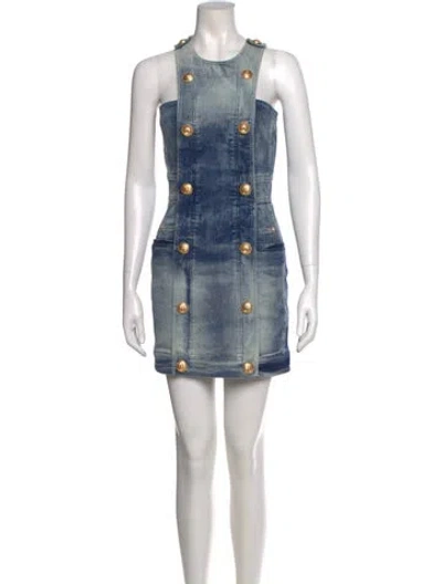 Pre-owned Balmain Printed Mini Dress In Blue