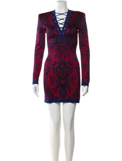 Pre-owned Balmain Printed Mini Dress In Burgundy