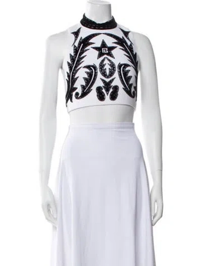 Pre-owned Balmain Printed Mock Neck Crop Top In White