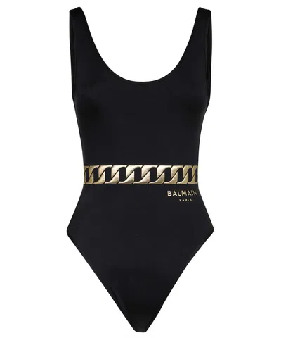 Balmain Printed One-piece Swimsuit In Black