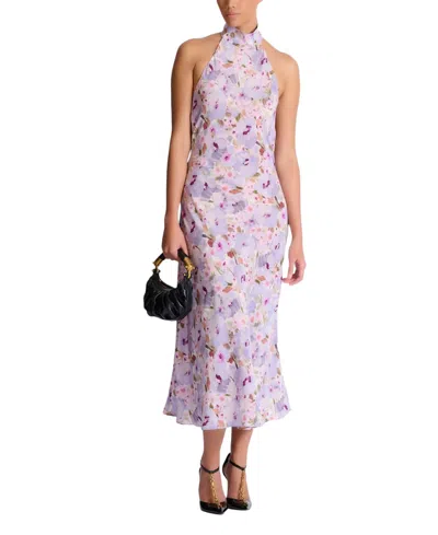Balmain Floral-print Silk Cowl Backless Midi Dress In Blue