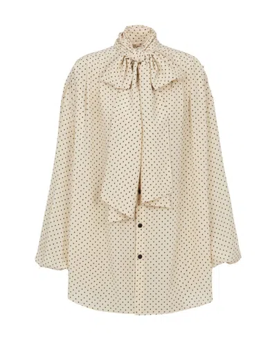Balmain Printed Pussy Bow Silk Blouse In Nude