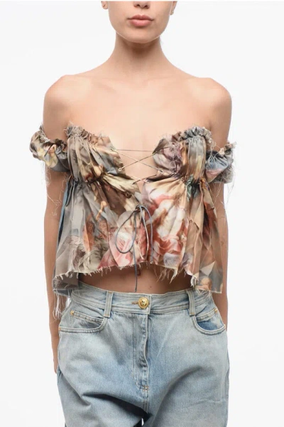 Balmain Printed Silk Off-shoulder Top In Multi