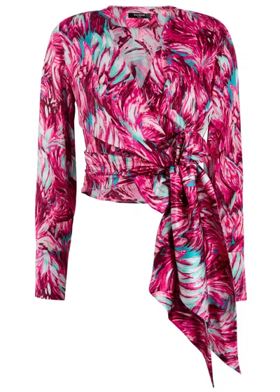 BALMAIN BALMAIN PRINTED SILK-SATIN WRAP BLOUSE
